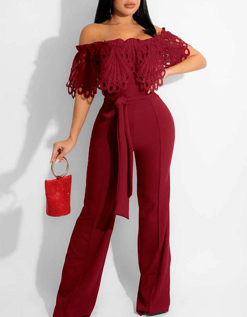 Load image into Gallery viewer, Women Lace Hollow Out Offshoulder Jumpsuit Elegant Wide Leg Overalls