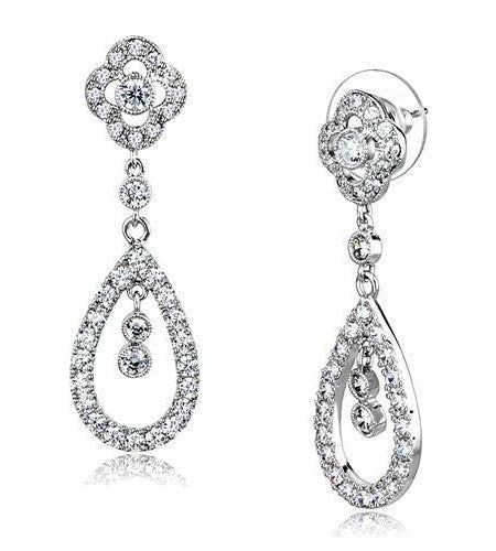 3W1351 - Rhodium Brass Earrings with AAA Grade CZ  in Clear