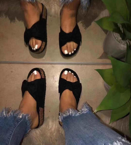 Women Slides 1 Straps Comfy Bow Slide Sandals Black