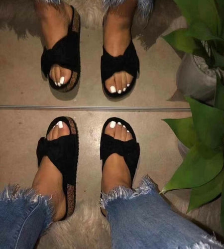 Women Slides 1 Straps Comfy Bow Slide Sandals Black