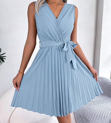 V-Neck Sleeveless Waist Gathered Pleated Dress