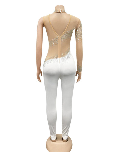 Load image into Gallery viewer, Sheer Mesh Patchwork Jumpsuit with Rhinestones and One-Shoulder Design
