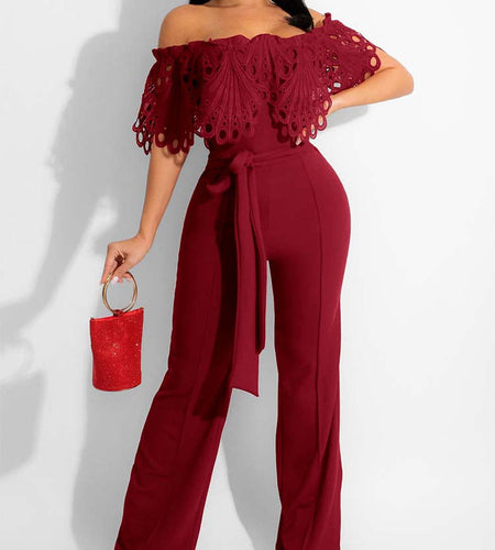 Women Lace Hollow Out Offshoulder Jumpsuit Elegant Wide Leg Overalls
