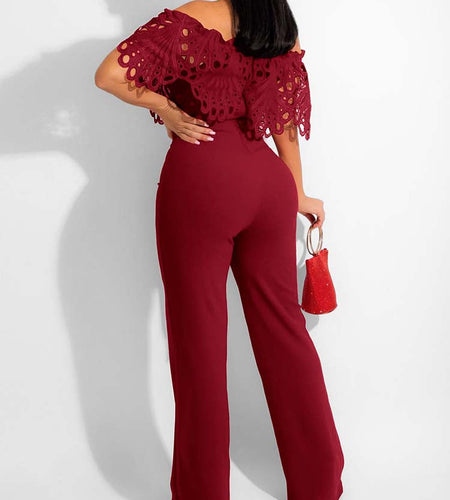Women Lace Hollow Out Offshoulder Jumpsuit Elegant Wide Leg Overalls