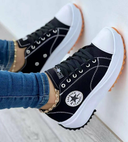 Flat Lace-Up Sneakers Pattern Canvas Casual Women Sport Shoes