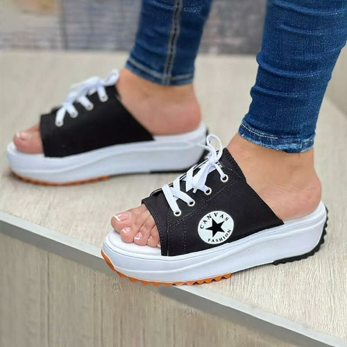 Load image into Gallery viewer, 2022 Casual Canvas Thick-soled Lace-up Womens Sandals Slippers
