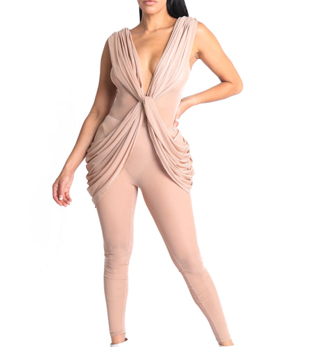 Sexy Sleeveless Lightweight Draped Mesh Jumpsuit Party Clubwear NUDE