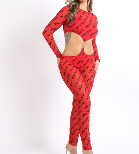 Lettering Printed Cutout Double O-Ring Mesh Sexy Jumpsuit RED