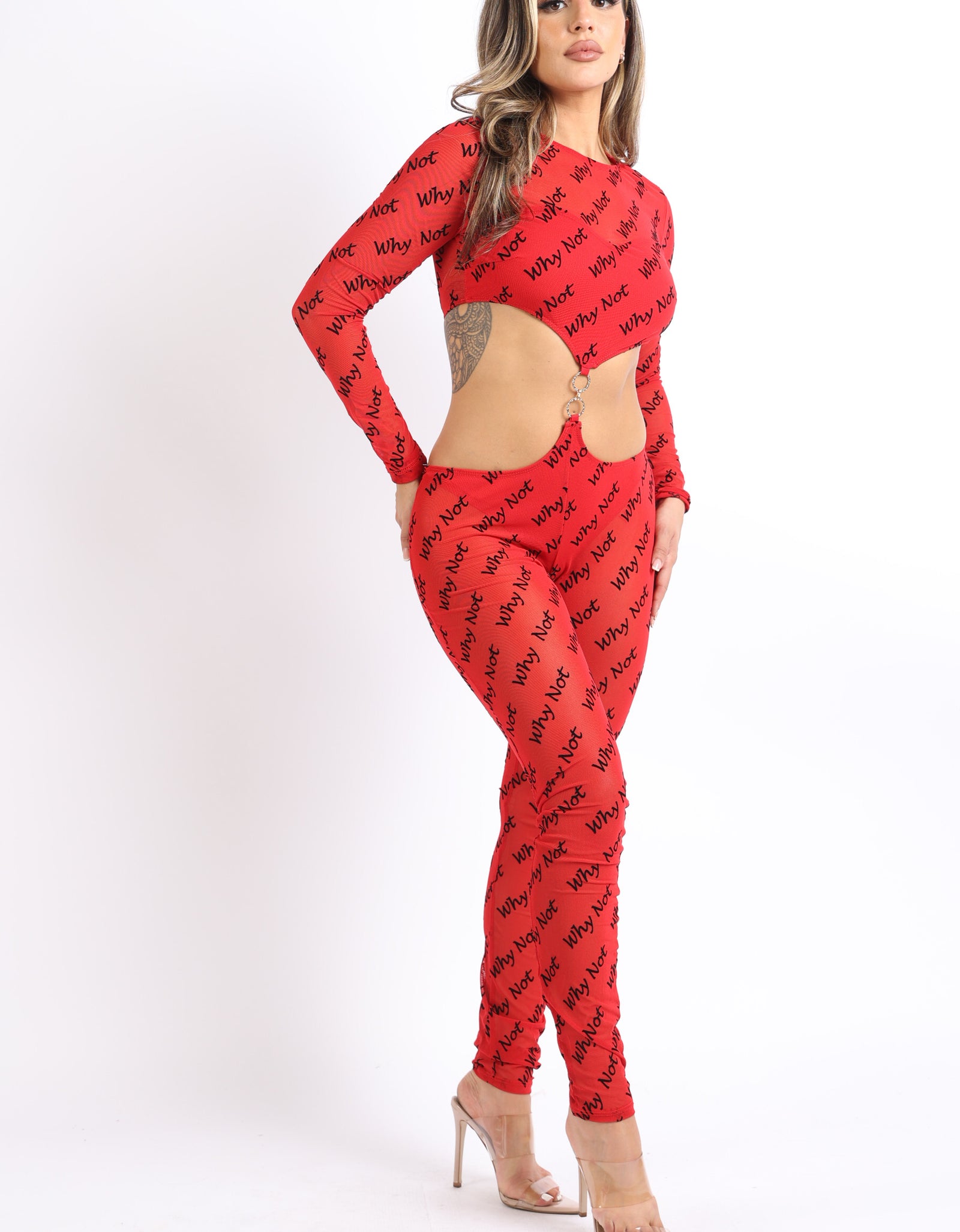 Lettering Printed Cutout Double O-Ring Mesh Sexy Jumpsuit RED