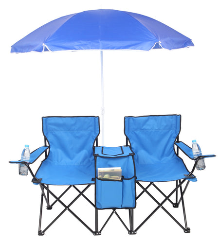 Portable Outdoor 2-Seat Folding Chair with Removable Sun Umbrella