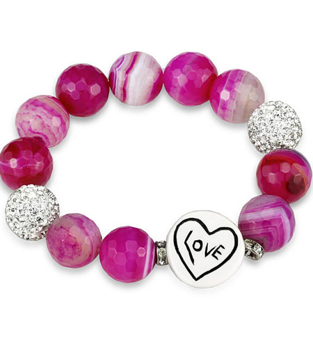 LO3789 - Antique Silver Brass Bracelet with Synthetic Onyx in Fuchsia